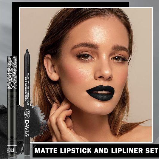 Lip Color Set with Matte Black Lipstick, Lip Liner, Lip Gloss, and Lip Stain for Goth, Cosplay, Halloween Makeup