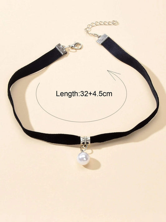 Black Velvet Pearl Decoration Charm Gothic 90s Tattoo Choker Punk Retro Necklace