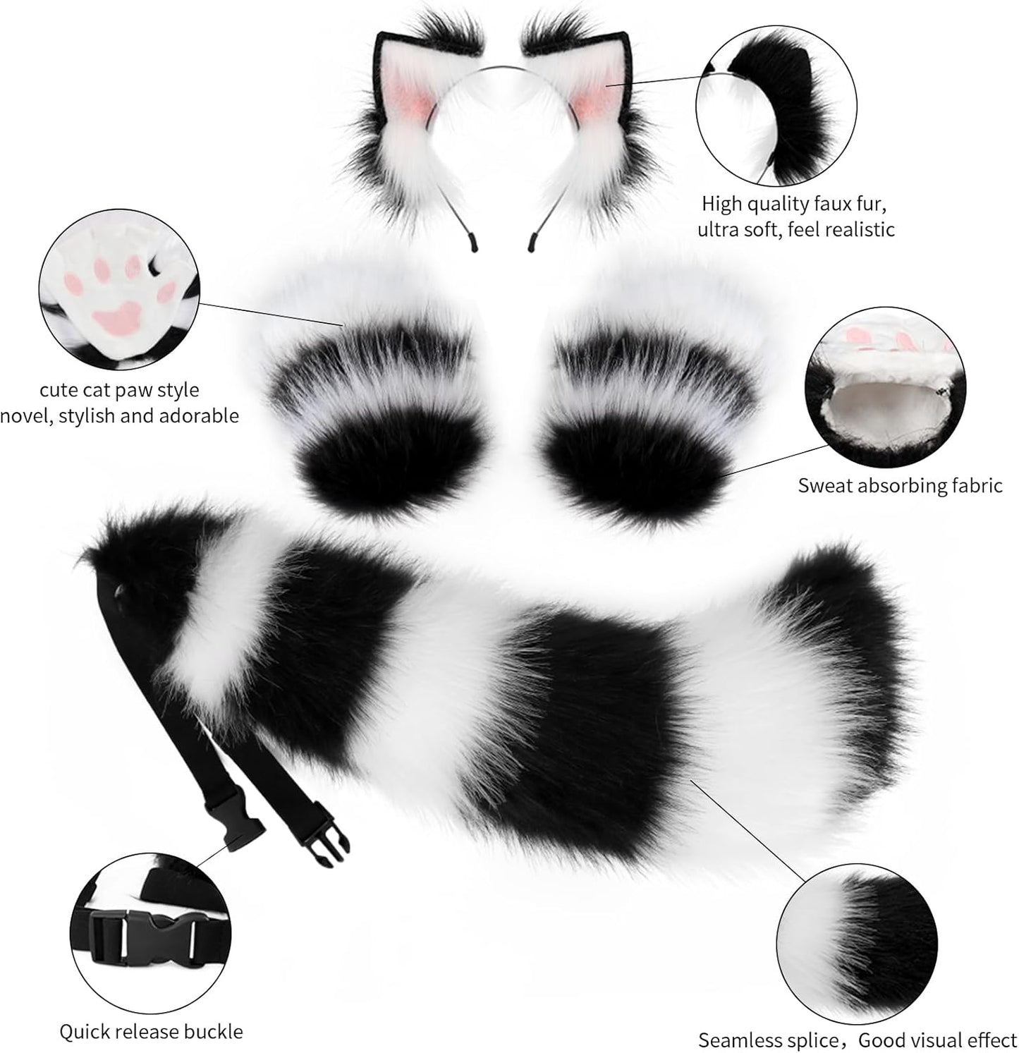 JUNBOON Faux Fur Cat Ears and Wolf Fox Tail Set Adult Kids Claw Glove Kit for Halloween Anime Cosplay Party