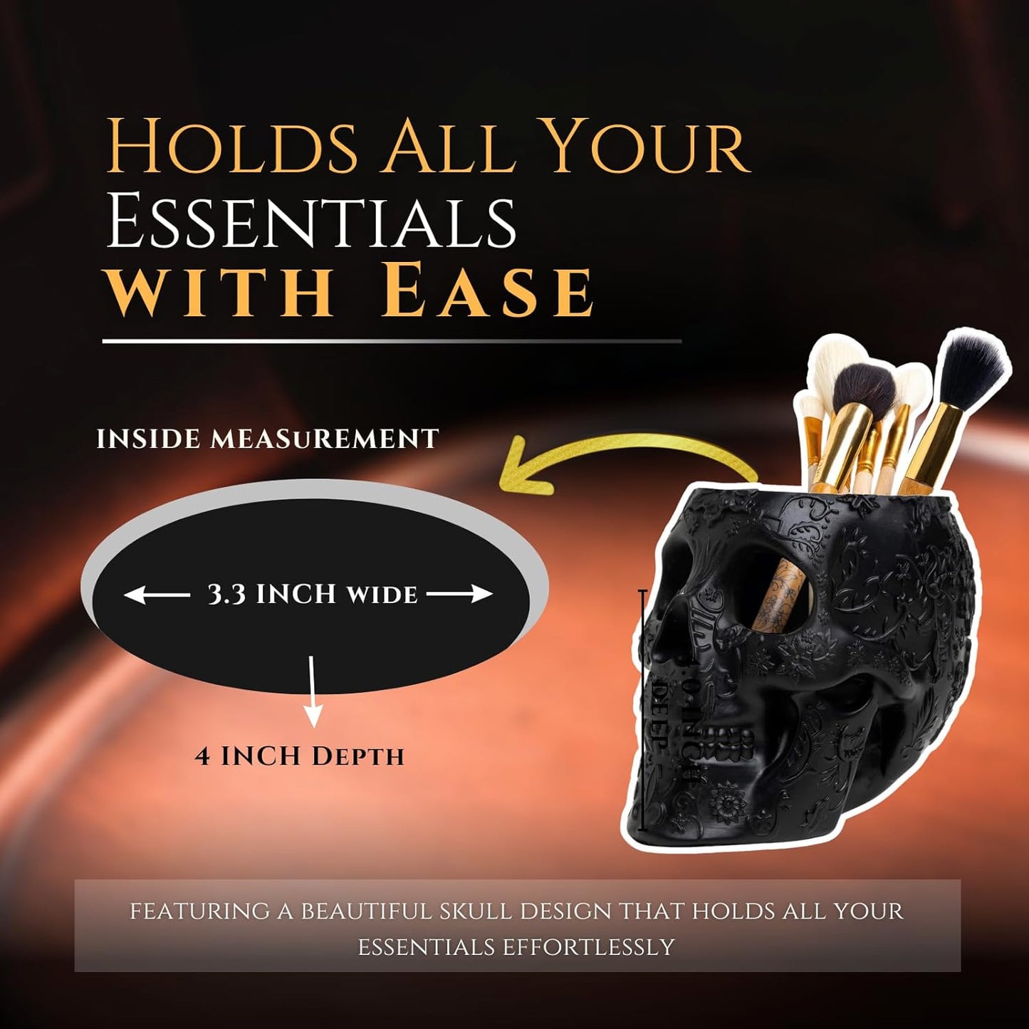 Skull Makeup Brush Holder, Pen Holder, Vanity, Desk, Office Organizer, Stationary, Decor Planter , Candy Bowl , Goth Decorations , Extra Large, Skulls Gothic Skull & Bones Organizer Bathroom (Black)