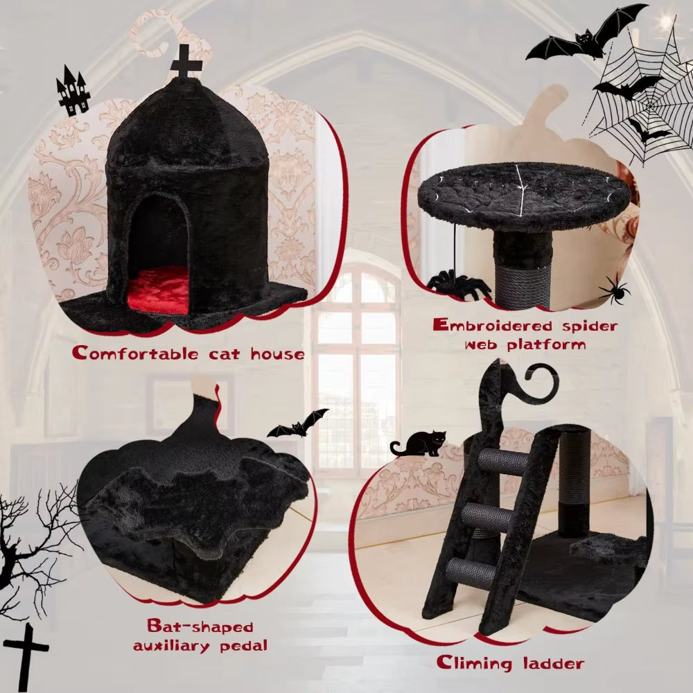 Gothic Cat Tree with Coffin Bed,55" Cat Tower with Spacious Cat Condo,Scratching Posts,Spider Hanging Ball,Multi-Level Cat Activ