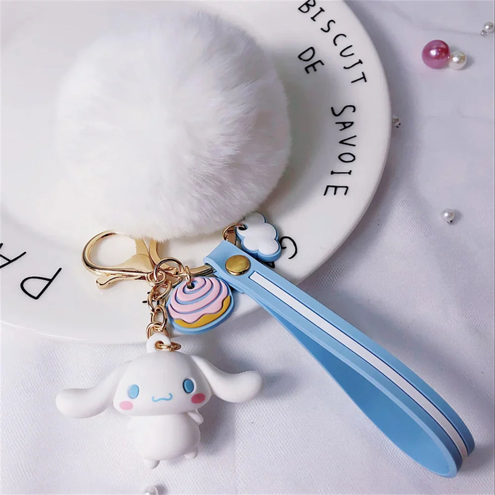 Cute Sanrio Kuromi Keychains with Fur Ball
