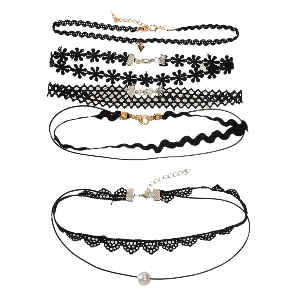 Black Elastic 5pcs Lace Flower Triangle Charm Boho Gothic 90s Tattoo Choker Gift