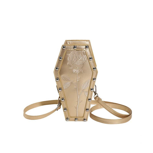 NNEDSZ Red Gothic Red Coffin-Shaped Crossbody Bag with Embroidered Rose - Unique Fashion Statement
