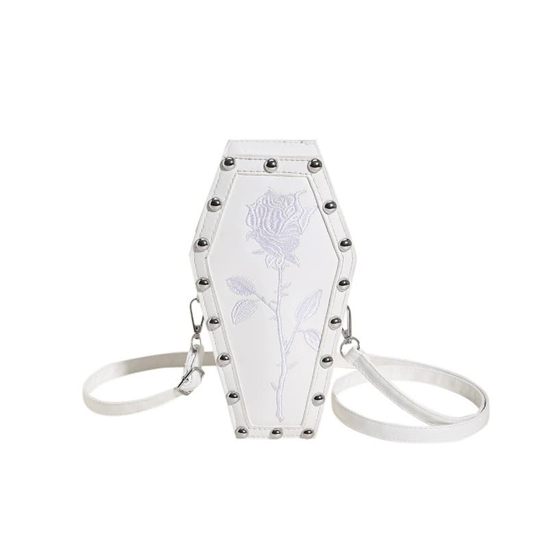 NNEDSZ White Gothic Red Coffin-Shaped Crossbody Bag with Embroidered Rose - Unique Fashion Statement
