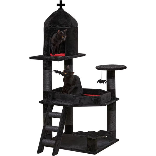 Gothic Cat Tree with Coffin Bed,55" Cat Tower with Spacious Cat Condo,Scratching Posts,Spider Hanging Ball,Multi-Level Cat Activ