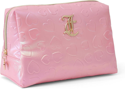 Pink Makeup Bag Cosmetics Organizer Travel Essentials Zip Top Wedge Faux Leather Heart