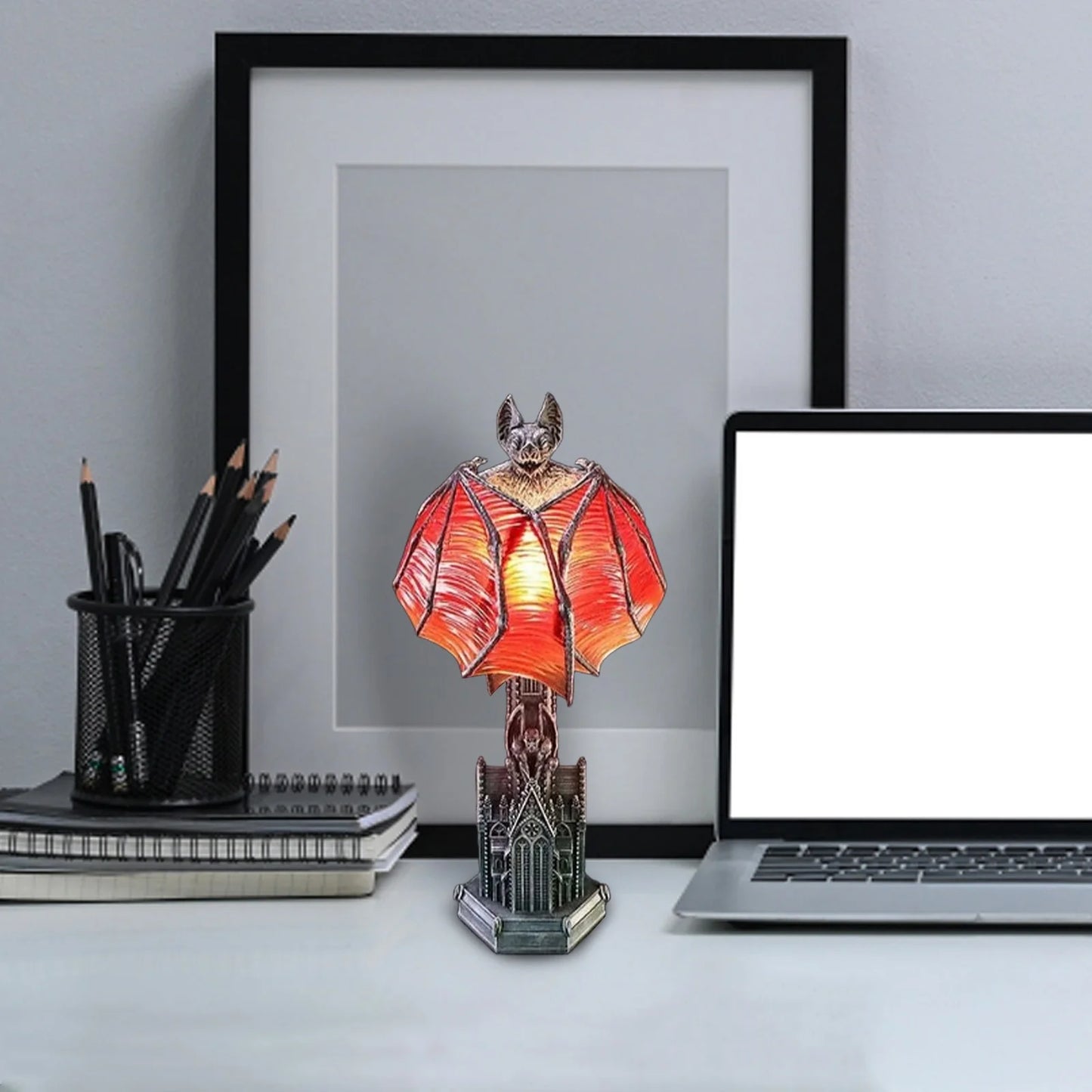 Gothic Wings of Night Halloween Bat Lamp, with Red Light Glow, Vampire Style Halloween Table Decorations