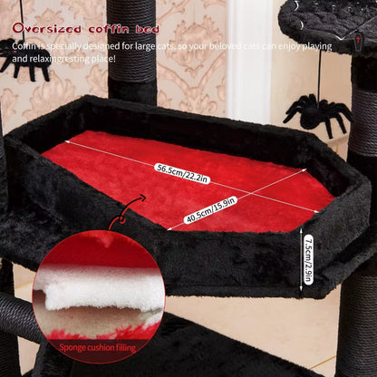 Gothic Cat Tree with Coffin Bed，55" Cat Tower with Spacious Cat Condo，Scratching Posts，Spider Hanging Ball，Multi-Level Cat Activ