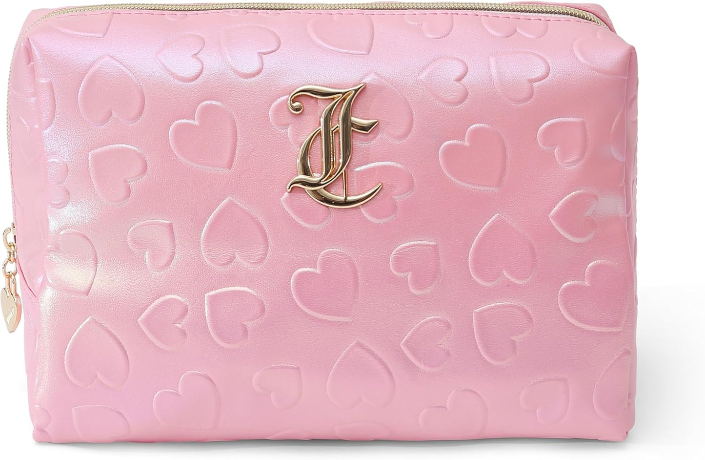 Pink Makeup Bag Cosmetics Organizer Travel Essentials Zip Top Wedge Faux Leather Heart