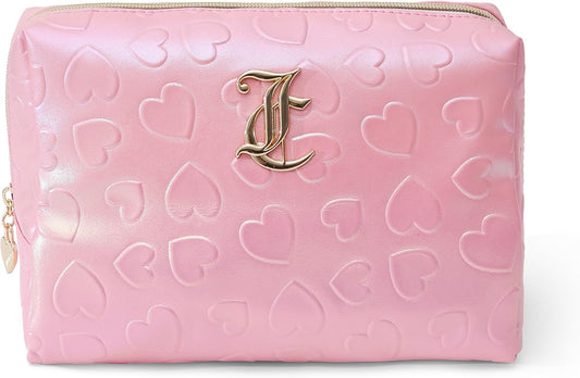 Pink Makeup Bag Cosmetics Organizer Travel Essentials Zip Top Wedge Faux Leather Heart