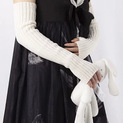 White Lolita Style Long Fingerless Gloves Women Winter Arm Warmer Knitted Arm Sleeve Casual Soft Girls Punk Gothic Mittens