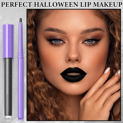 2 PCS Black Matte Lip Liner and Liquid Lipstick Makeup Set,Waterproof Matte Lip Gloss Lipstick Set,High Pigmented & Non-Sticky Velvet Lipgloss Halloween Gothic Cosplay Makeup Set
