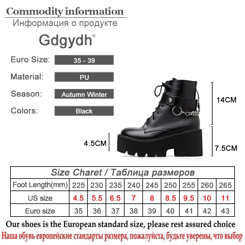 New Sexy Chain Women Leather Autumn Boots Block Heel Gothic Black Punk Style Platform Shoes Female Footwear High Quality