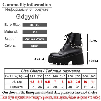 New Sexy Chain Women Leather Autumn Boots Block Heel Gothic Black Punk Style Platform Shoes Female Footwear High Quality