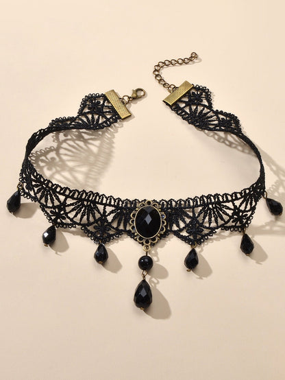 Water Drop Charm Black Lace Retro Gothic Women Choker 90s Halloween Necklace