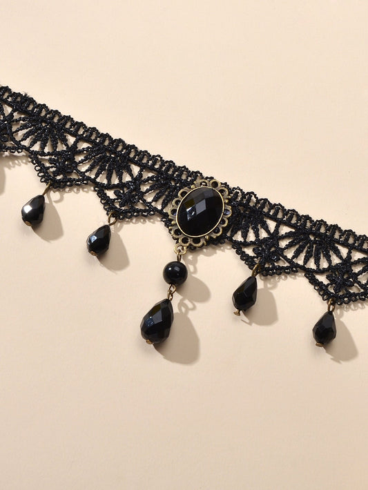 Water Drop Charm Black Lace Retro Gothic Women Choker 90s Halloween Necklace