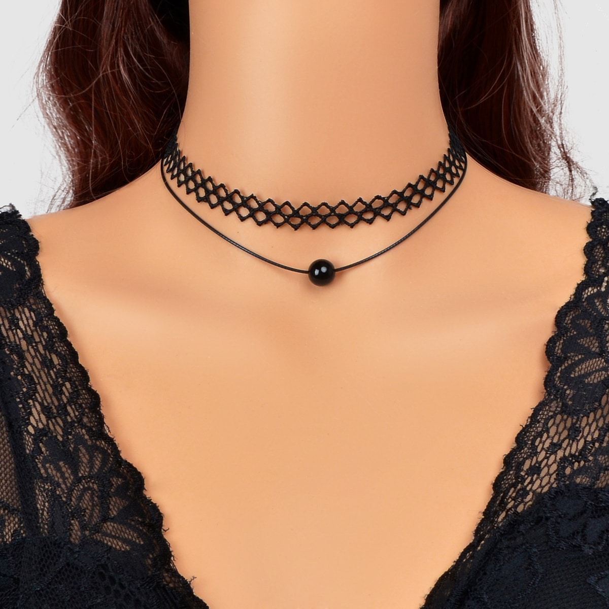 Double Layered Black Lace Short Necklace Elegant Gothic Style Choker