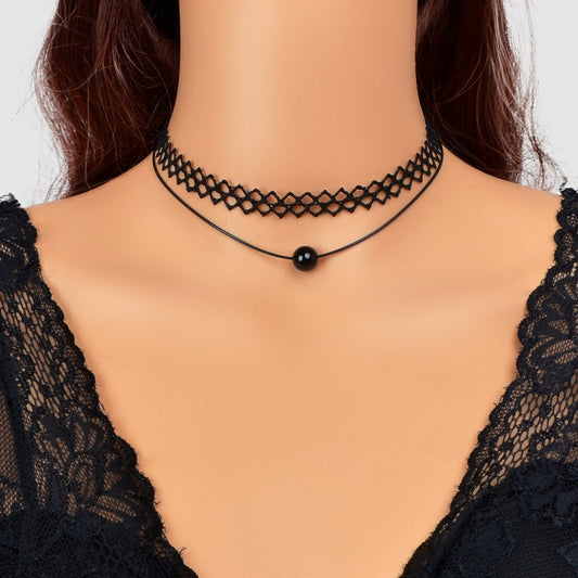 Double Layered Black Lace Short Necklace Elegant Gothic Style Choker