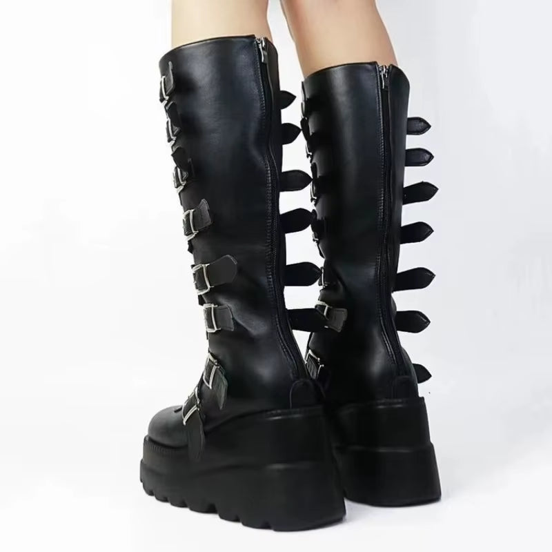 Long Boots for Women Gothic Shoes Platform Knee High Boots Punk Black Sexy Motorcycles Boots New Halloween Cosplay Women'S Shoes