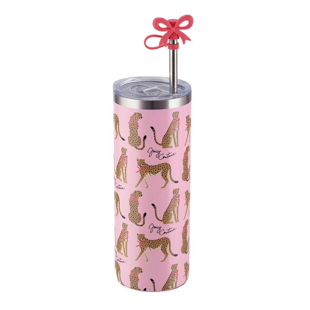 Glam Sip 24 Oz. Pink Cheetahs Stainless Steel Tumbler with Straw Topper