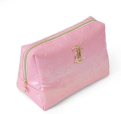 Pink Makeup Bag Cosmetics Organizer Travel Essentials Zip Top Wedge Faux Leather Heart