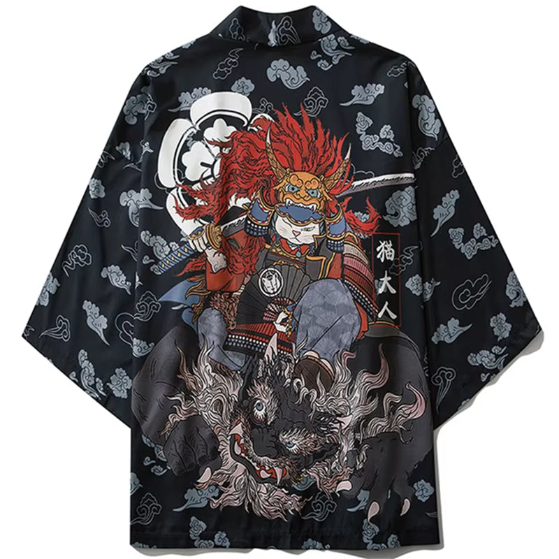 Traditional Japanese Samurai Cat Kimonos Cardigan Robe Men 2021 Summer Women Yukata Haori Casual Cosplay Anime Clothing
