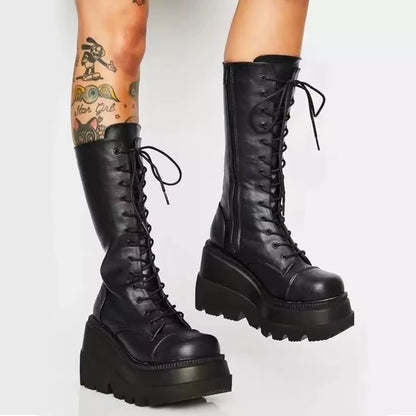 Fashion Wedge-Heeled Mid-Tube Boots Ladies Gothic Style Thick-Soled Motorcycle Knight Boots Slim High Platform Cowboy Boots