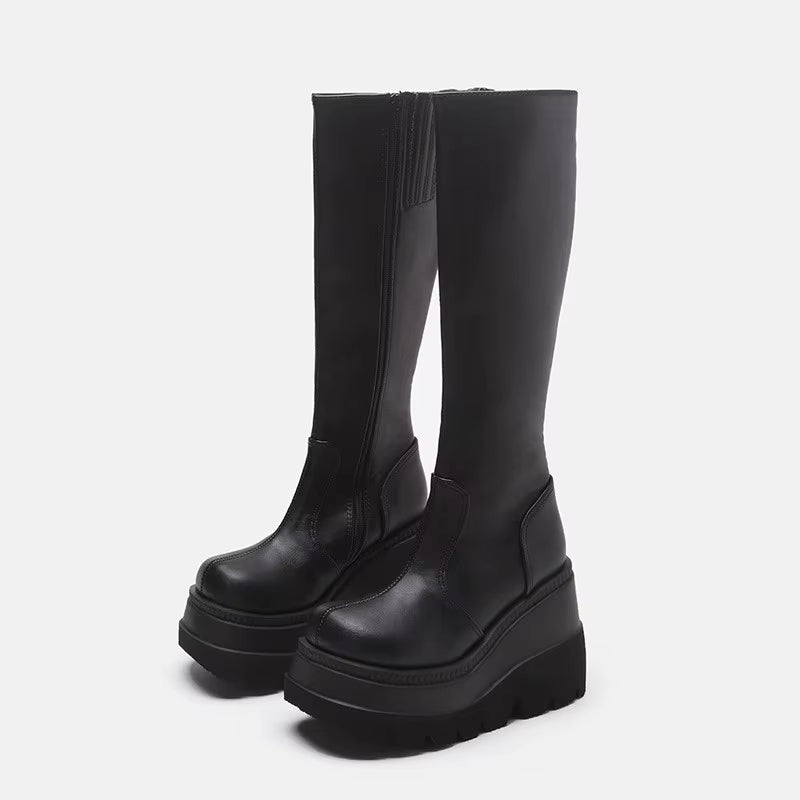 Fashion Wedge-Heeled Mid-Tube Boots Ladies Gothic Style Thick-Soled Motorcycle Knight Boots Slim High Platform Cowboy Boots
