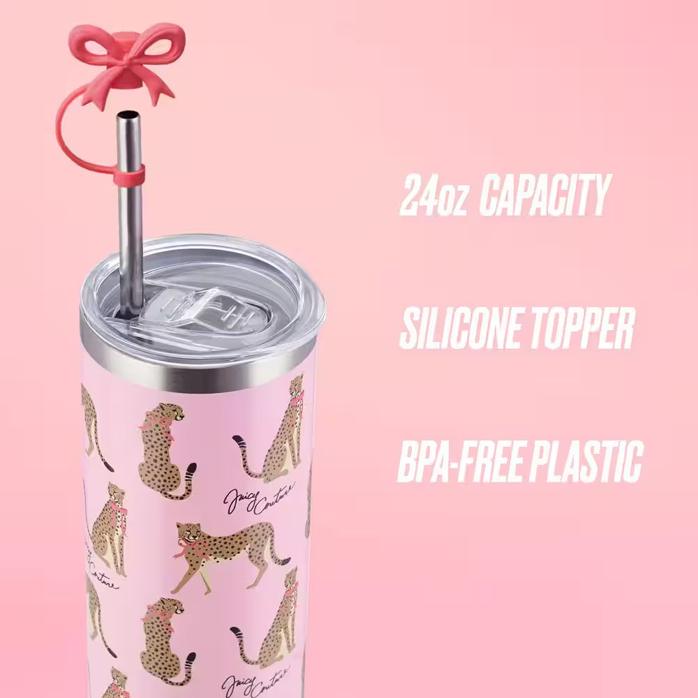 Glam Sip 24 Oz. Pink Cheetahs Stainless Steel Tumbler with Straw Topper