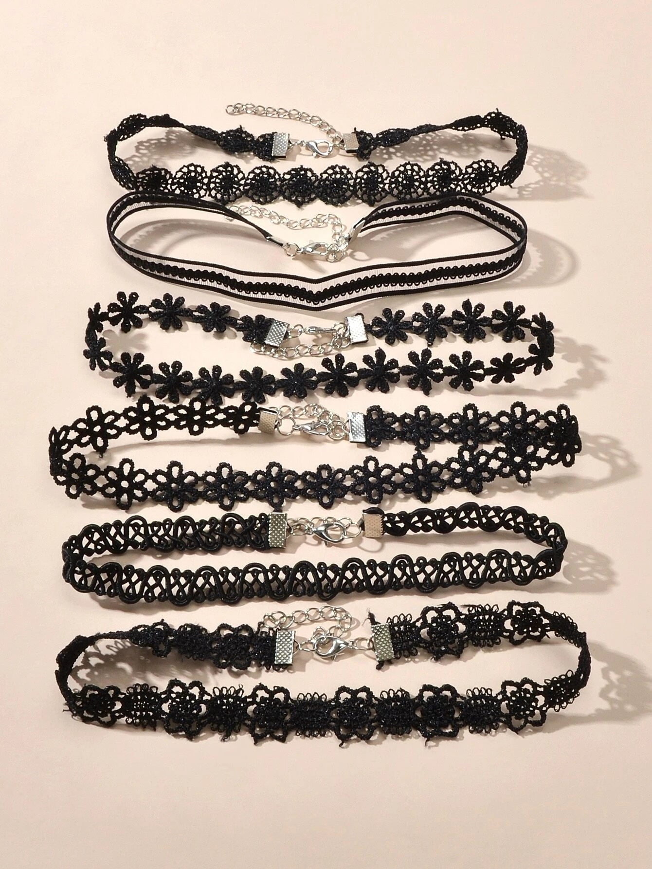 6 pcs 90s Black Lace Flower Retro Tattoo Choker Set Necklaces Punk Gothic Collar