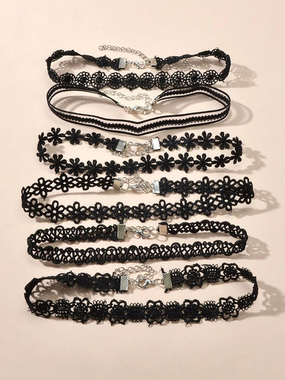 6 pcs 90s Black Lace Flower Retro Tattoo Choker Set Necklaces Punk Gothic Collar