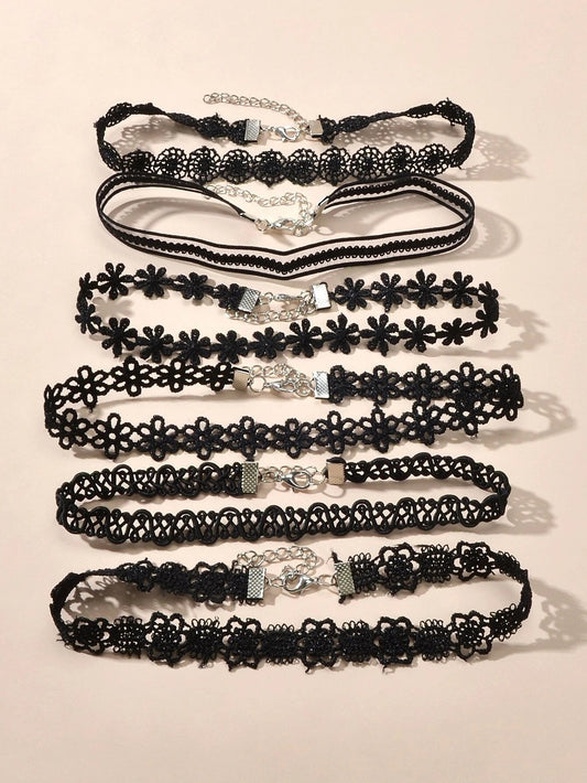 6 pcs 90s Black Lace Flower Retro Tattoo Choker Set Necklaces Punk Gothic Collar