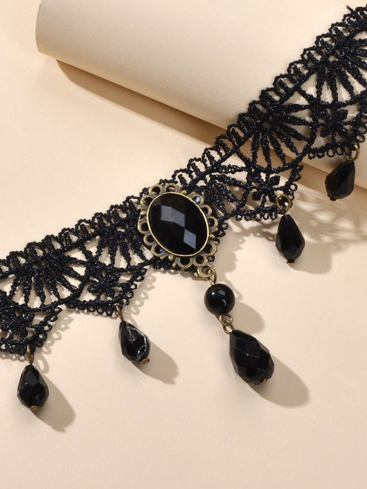 Water Drop Charm Black Lace Retro Gothic Women Choker 90s Halloween Necklace