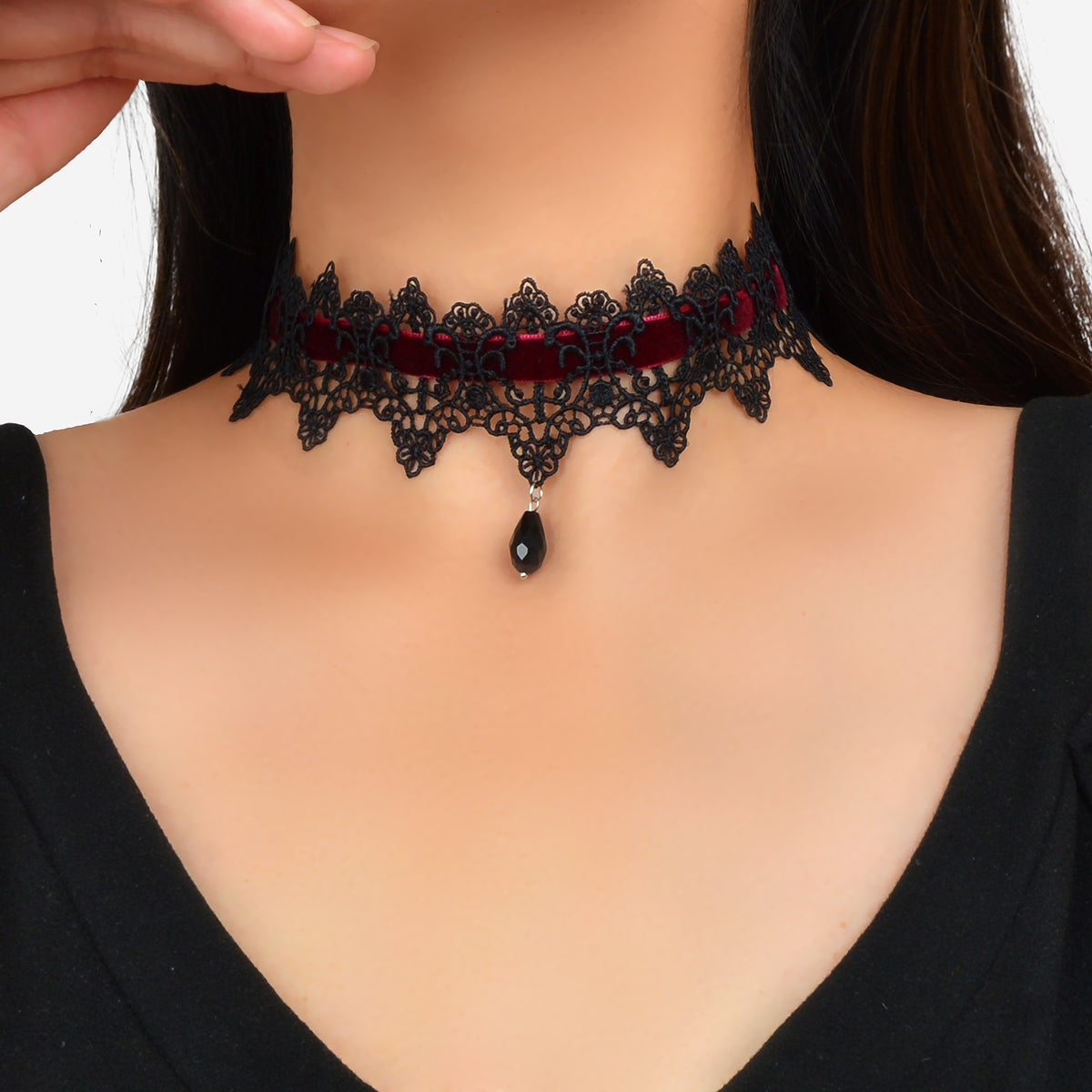 Gothic Black Lace Winered Velvet Tattoo Choker Water Drop Charm Retro Necklace