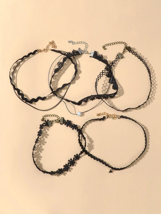 Black Elastic 5pcs Lace Flower Triangle Charm Boho Gothic 90s Tattoo Choker Gift