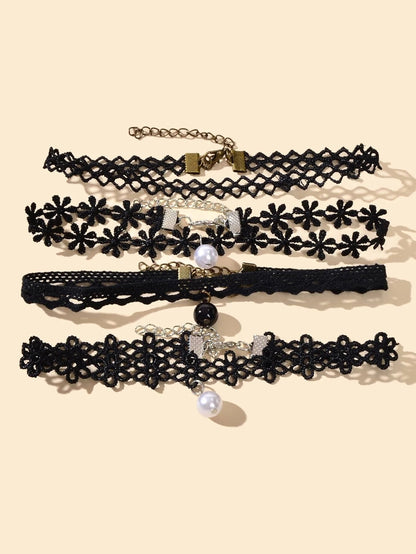 Black Elastic 4pcs Lace Flower Boho Gothic 90s Tattoo Choker Triangle Collar