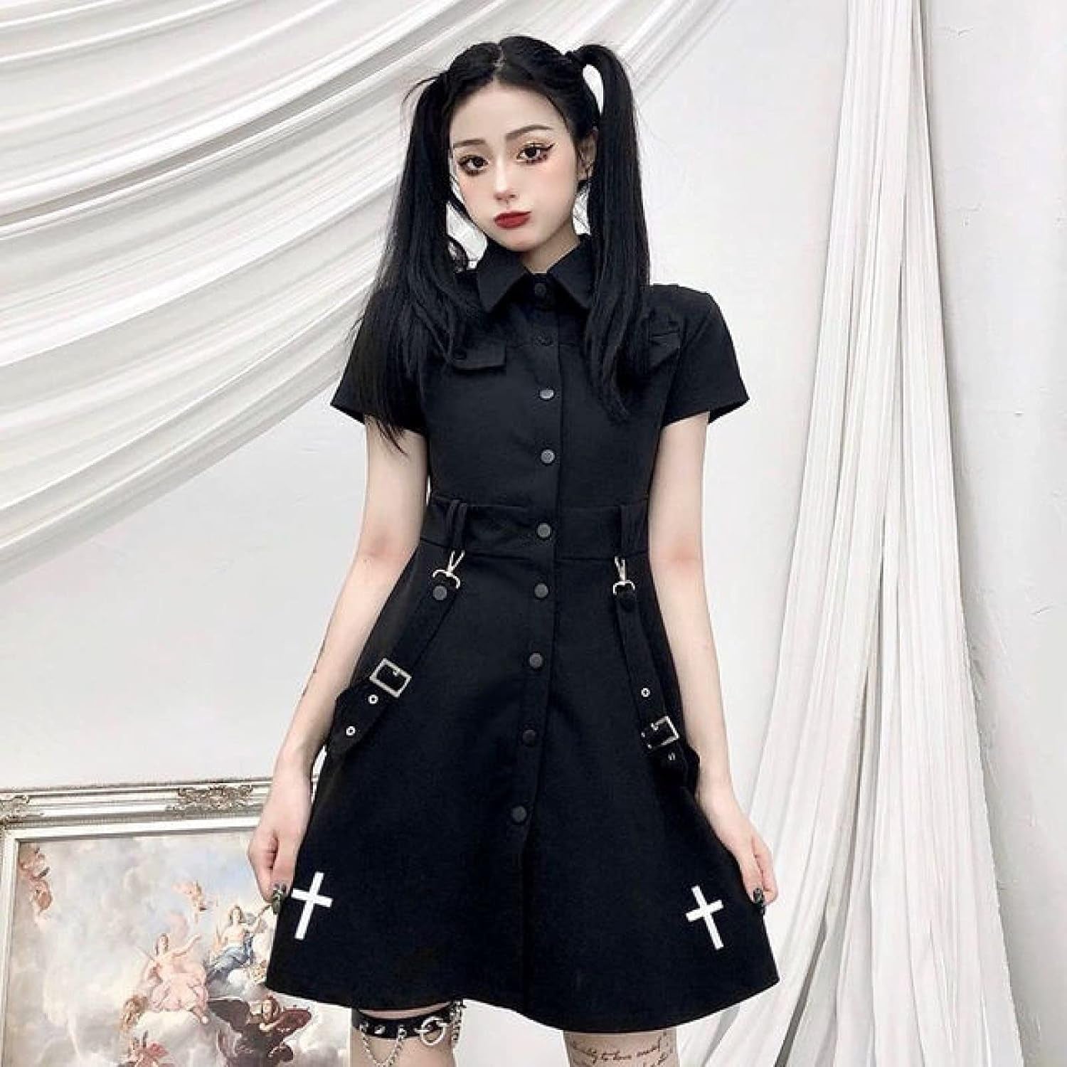 Goth Dress Punk Gothic Harajuku Summer Black Mini Dress Shirt Women Short Sleeve Emo Clothes Mall Goth Accessories