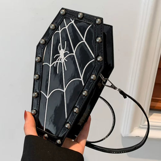 Women Gothic Crossbody Bag Coffin Shoulder Bag Purse Cartoon Spider Coffin Bag Y2K Messenger Phone Bag Halloween Sling Purse