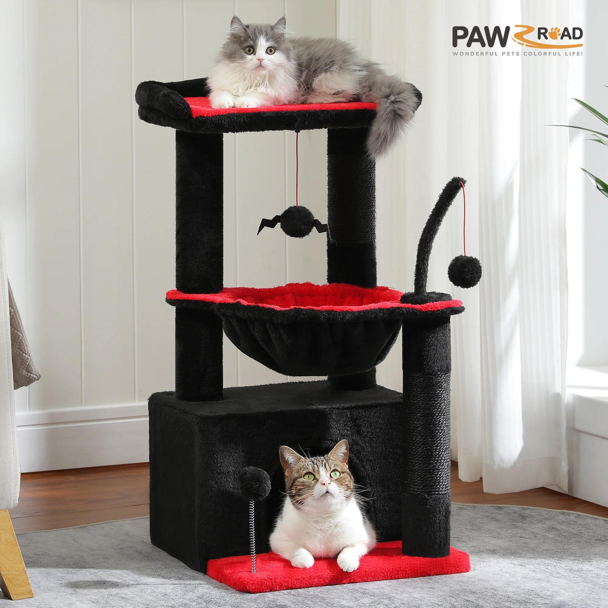 Cat Tree 33" Gothic Cat Scratching Posts Tower with Large Top Perch and Hammock for Medium Indoor Cats, Black