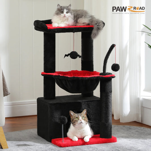Cat Tree 33" Gothic Cat Scratching Posts Tower with Large Top Perch and Hammock for Medium Indoor Cats, Black