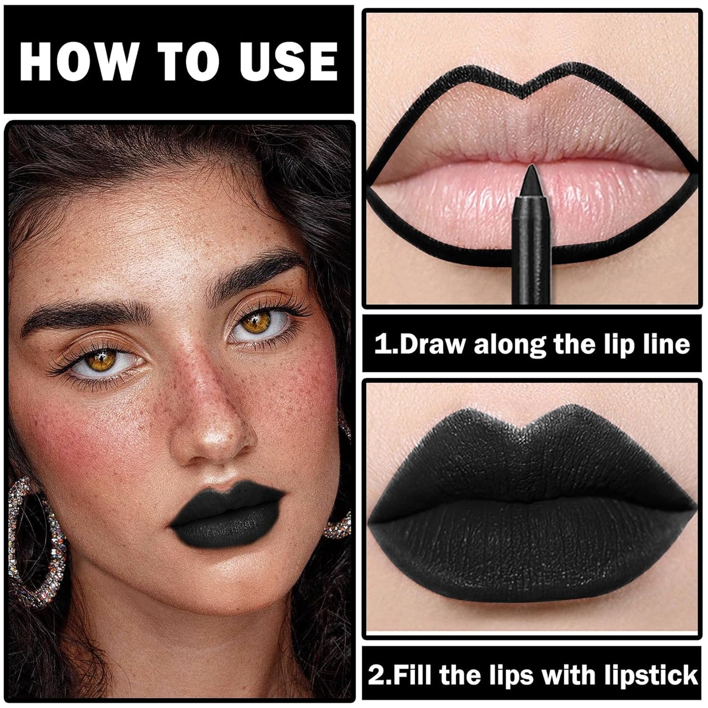 Lip Color Set with Matte Black Lipstick, Lip Liner, Lip Gloss, and Lip Stain for Goth, Cosplay, Halloween Makeup