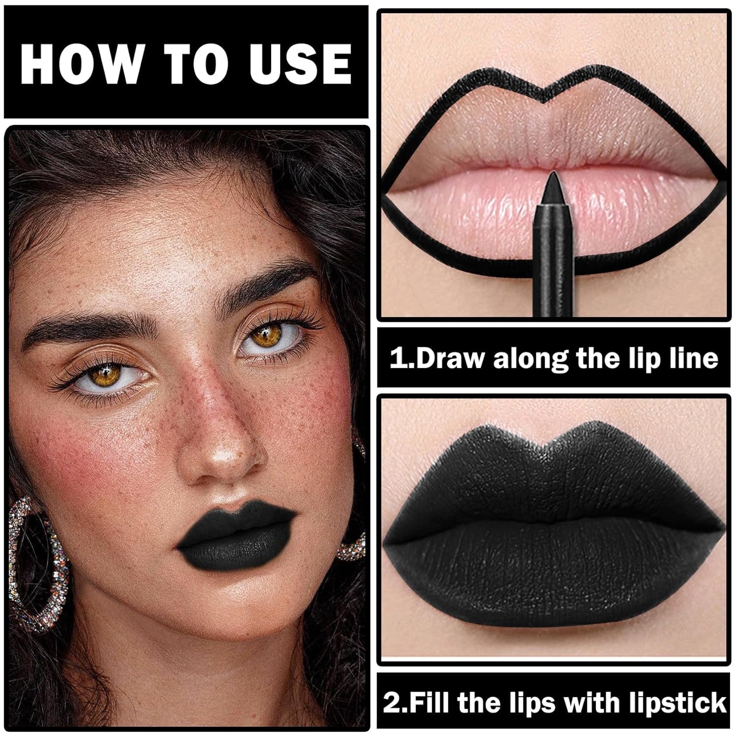 Lip Color Set with Matte Black Lipstick, Lip Liner, Lip Gloss, and Lip Stain for Goth, Cosplay, Halloween Makeup