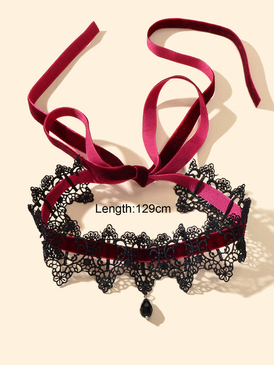 Gothic Black Lace Winered Velvet Tattoo Choker Water Drop Charm Retro Necklace