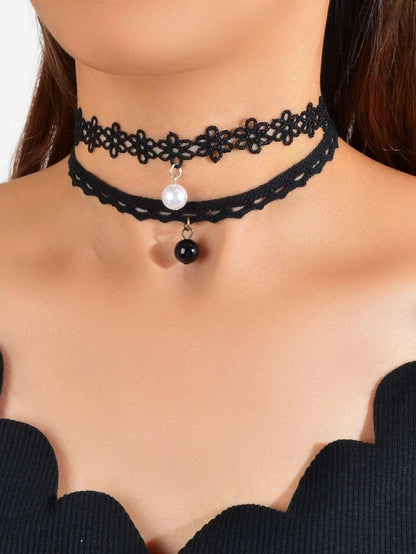 Black Elastic 4pcs Lace Flower Boho Gothic 90s Tattoo Choker Triangle Collar