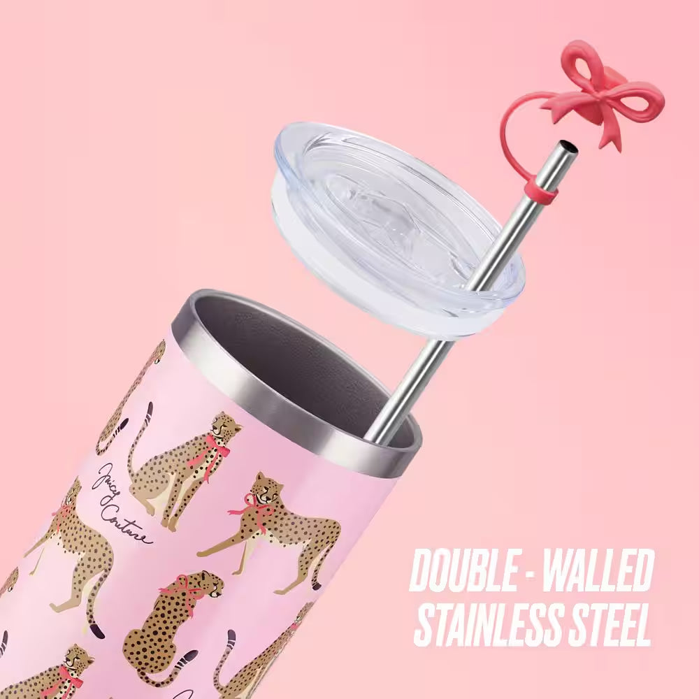 Glam Sip 24 Oz. Pink Cheetahs Stainless Steel Tumbler with Straw Topper
