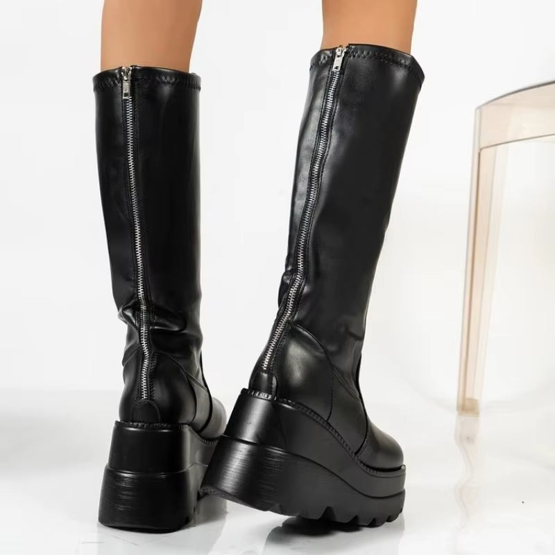 Fashion Wedge-Heeled Mid-Tube Boots Ladies Gothic Style Thick-Soled Motorcycle Knight Boots Slim High Platform Cowboy Boots