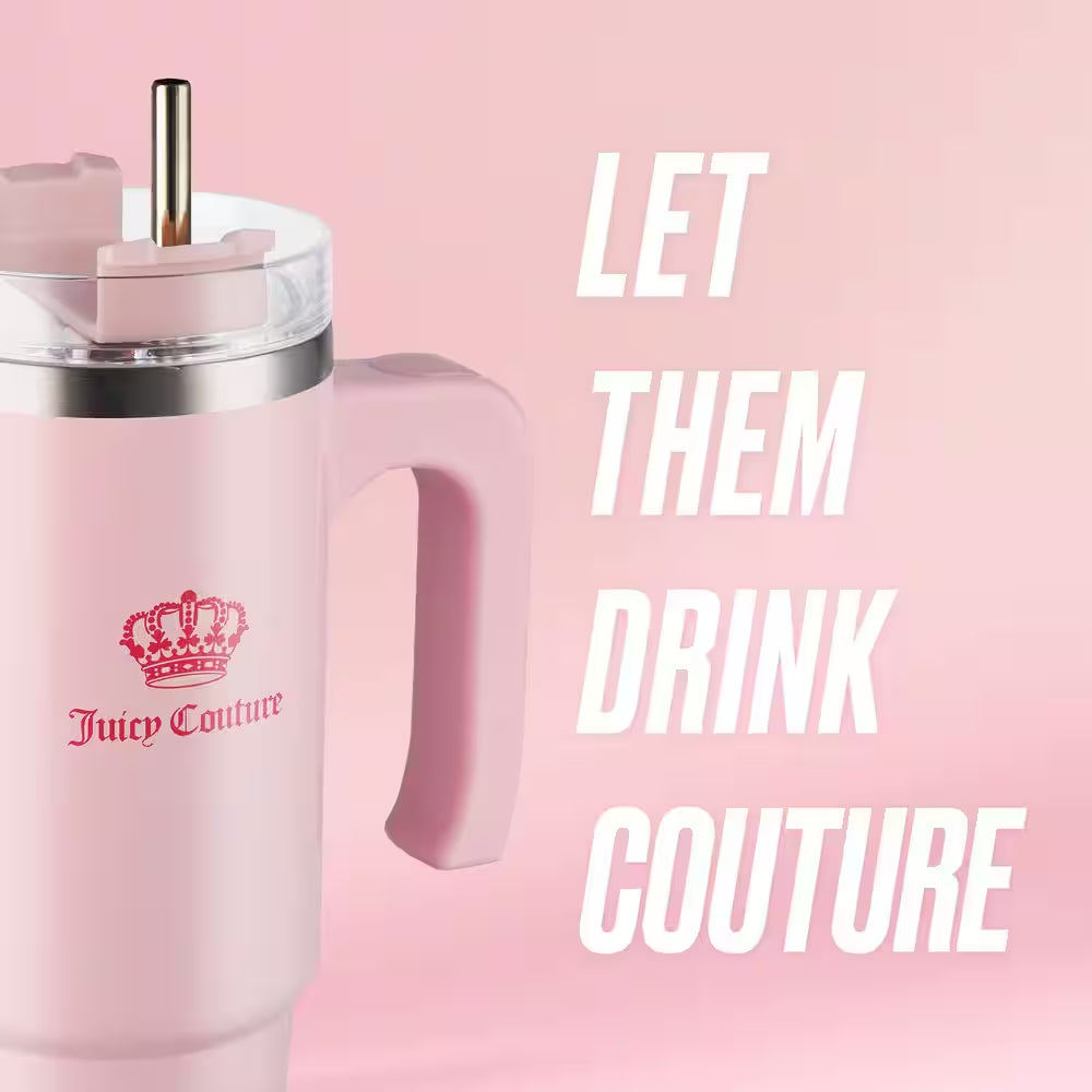Juicy Travel Style 31.5 Oz. Pink Marshmallow Stainless Steel with Slide Lid and Straw Travel Mug