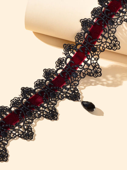 Gothic Black Lace Winered Velvet Tattoo Choker Water Drop Charm Retro Necklace