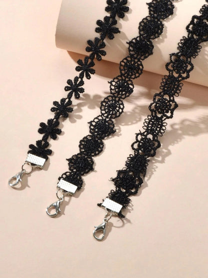 6 pcs 90s Black Lace Flower Retro Tattoo Choker Set Necklaces Punk Gothic Collar